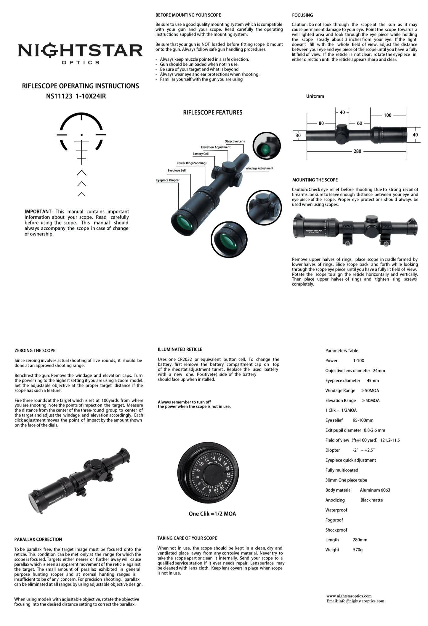NightStar 1-10x24IR low profile glass illuminated reticle Scope - NS11123